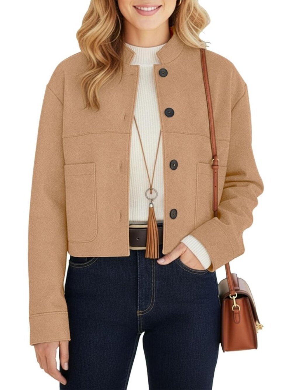 Women's Khaki Chic Faux Suede Oversized Button-Down Cropped Motorcycle Jacket